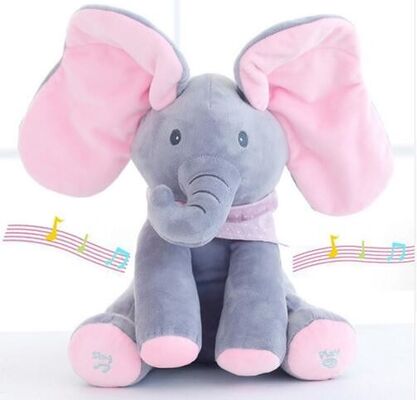 Grey Peek A Boo Music Plush Toys , Electronic Stuffed Elephant Toy